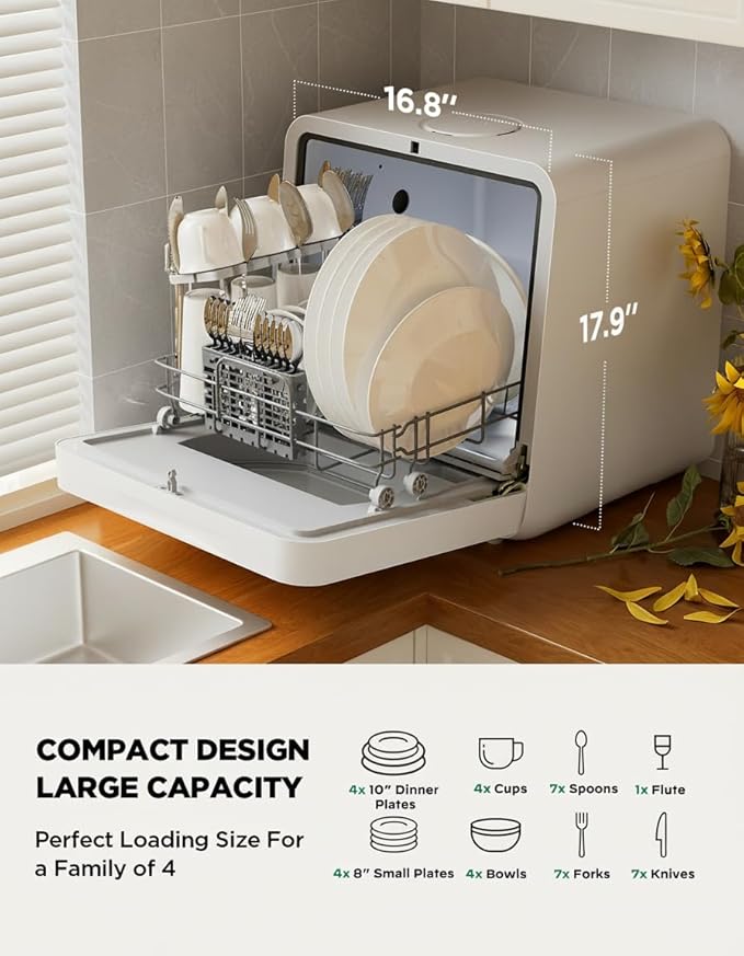 Silonn Portable Countertop Dishwasher, Smart App Control, Triple-Jet Cleaning, Built-In Dual Supply &Water Tank. Compact for Apartment, RV, Dorm
