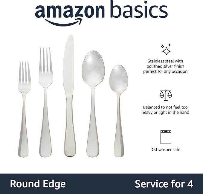 Amazon Basics Silverware Set, Stainless Steel Flatware, Dishwasher Safe, Service for 4, 20-Piece Forks and Spoons, Round Edge, Everyday Use