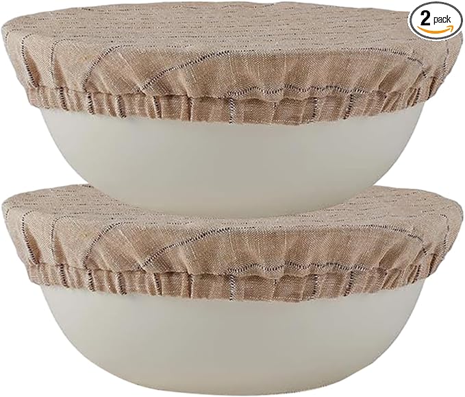 100% Pure Linen Bowl Covers For Bread Proofing, 2 Pcs 12 Inches Elastic Reusable Bowl Covers Large Ticking Striped Cloth Fabric Stretch Sourdough Lids