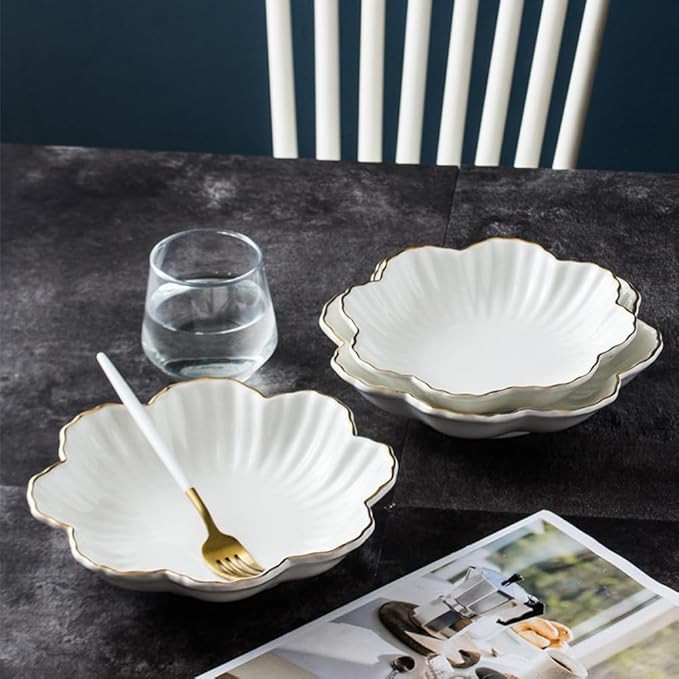 Porcelain Serving Dish,Ceramics Flower Relish Tray with Metallic Rim,Serving Bowls for Wedding,Party Perfect for Small Cereal, Pasta, Salad, Candy and Snacks White 8 inch (2pc-8inch)