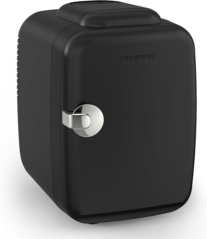 CROWNFUL Mini Fridge, 4 Liter/6 Can Portable Cooler and Warmer Personal Fridge for Skin Care, Cosmetics, Food,Great for Bedroom, Office, Car, Dorm, ETL Listed (Black)