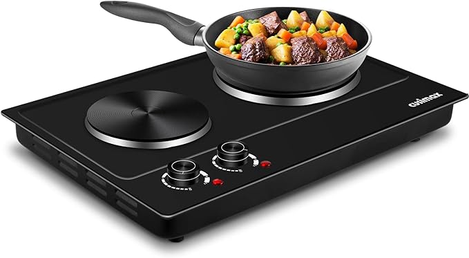 CUSIMAX Hot Plate, 1800W Electric Burner Double Hot Plate for Cooking Countertop Burner with Adjustable Temperature Control, Portable Electric Cast Iron Hot Plates Cooktop, Easy to Clean, Black