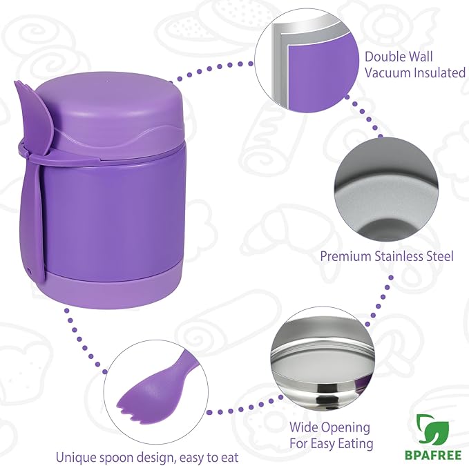 Howeemo 10oz Soup Thermo for Hot Food Kids, Insulated Food Jar with Spoon, Leak Proof Stainless Steel Wide Mouth Lunch Food Thermo Jar for School (Purple)