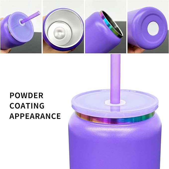 4 Pack Glass Cups with Lids and Straws, 16 oz Stainless Steel Cups, Insulated Skinny Tumbler, Powder Coated Travel Tumbler for Laser Engrave, Iced Coffee Cup for Smoothie Water DIY Gift(Purple,4 pack)