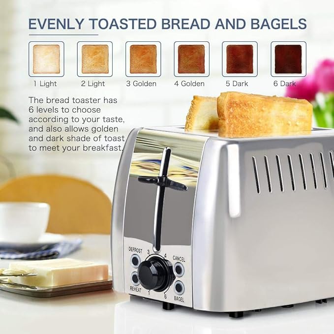 Toaster 2 Slice Stainless Steel Bagel Toaster Extra Wide Slots with 6 Browning Setting, Bagel/Reheat/Defrost/Cancel Function for Toasting Bread, Bagels and Waffles, 750W, Silver