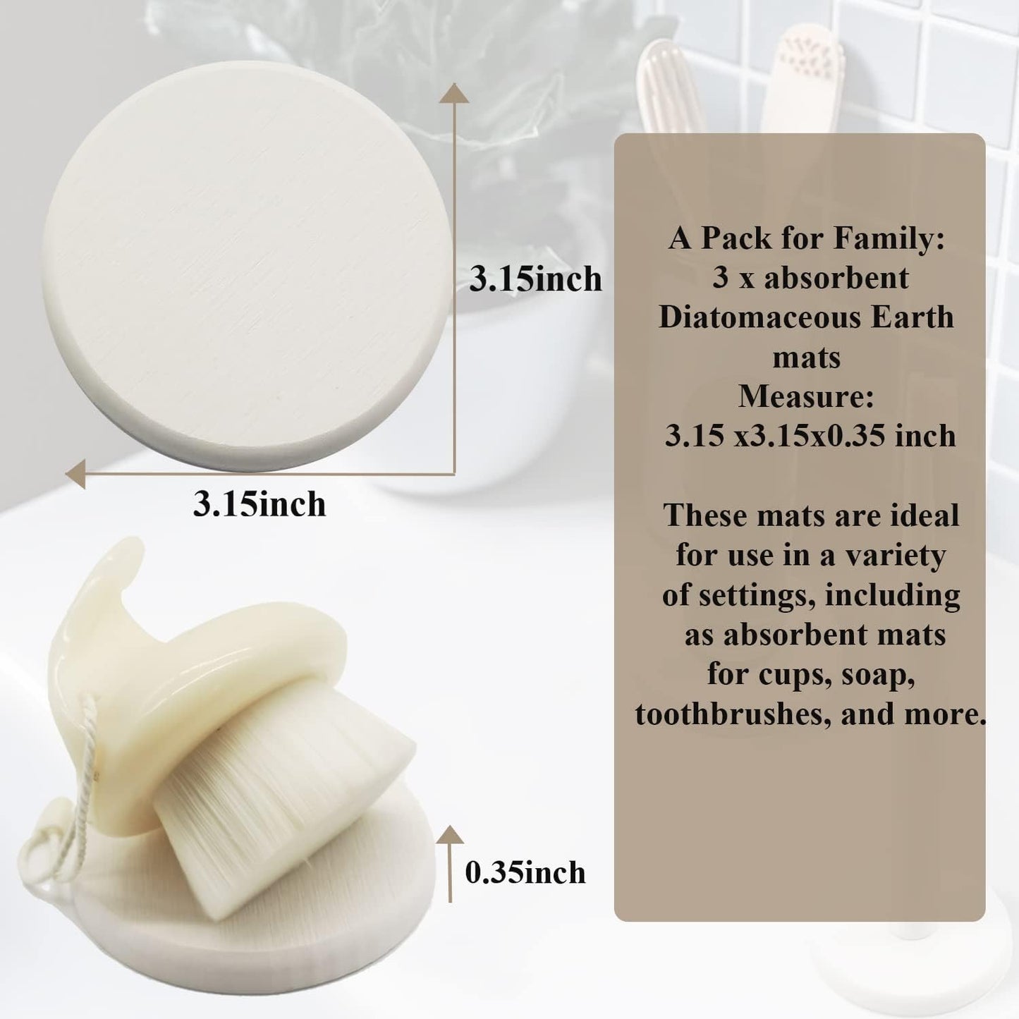 Mucco Water Absorbing Stone Tray for Sink, Water Absorbent Diatomite Coasters, Premium Diatomaceous Earth Soap Holder Dish，Fast Drying Stone Sink Tray for Hand soap & Cups & Drinks Bottles (3 White)