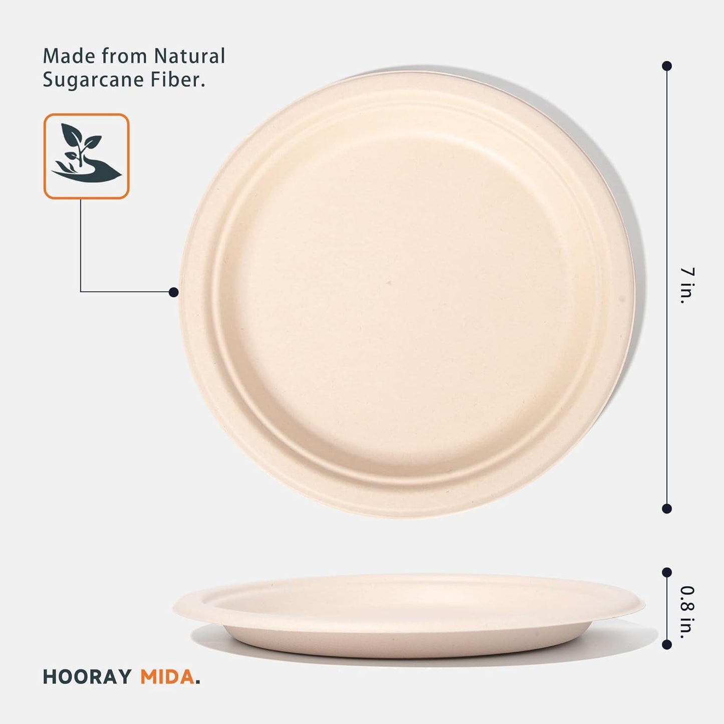 100% Compostable Plates - 125-Count Heavy Duty, Biodegradable Bagasse Plates - Eco Friendly and Sustainable (Natural, 7 inch)