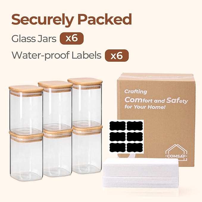ComSaf 1.2 QT Glass Storage Containers with Lids, Glass Jars with Lids, Clear Food Jar, Square Canister Set of 6, Pantry Organizers and Storage for Cookie Flour Oat Pasta Tea Coffee Bean (Pack of 2)