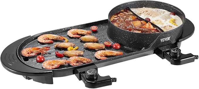 VEVOR Hot Pot with Grill, 2200W 2-in-1 Electric Smokeless Grill and Hot Pot, Korean BBQ Shabu Shabu Hotpot with Separate Dual Temperature Control, Non-stick Pan, for 1-6 People Family Dinning