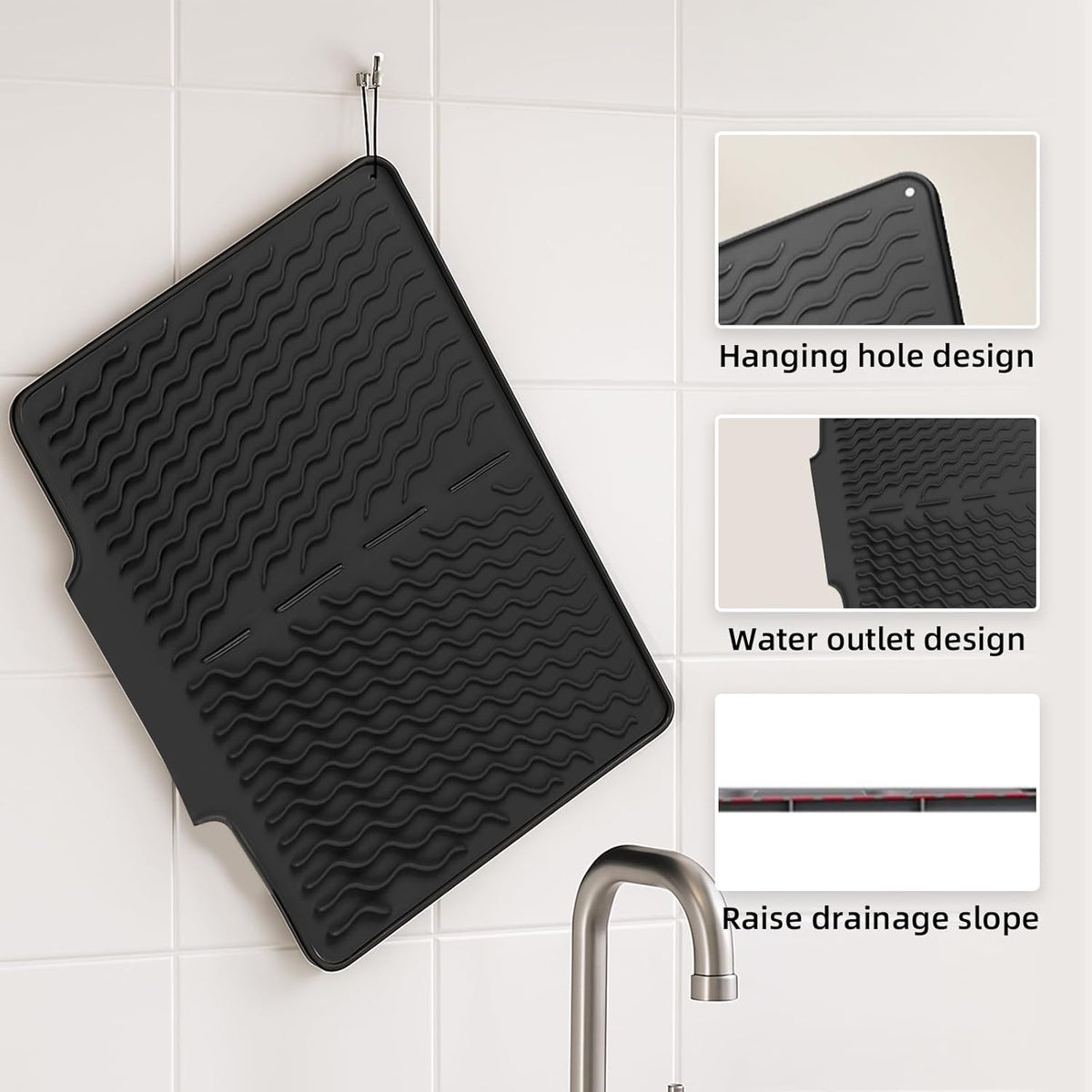 Dish drying mats for kitchen counter, Silicone dish drying mat ,Heat resistant mats for countertop,With drain port ,Stone drying mat for kitchen counter (15.6" x 13", black)