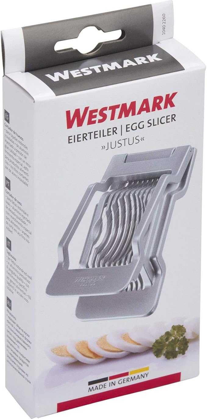Westmark Egg Slicer Justus for Hard Boiled Eggs with Individually Tensioned Stainless Steel Wire Cutters, German Heavy Duty Aluminium Slicer for Round & Oval Eggs, Dishwasher Safe, Grey