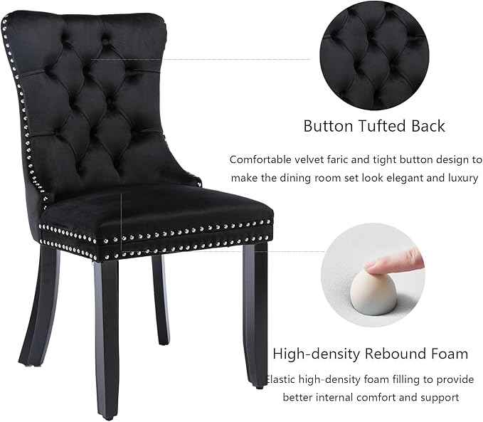 Black Dining Chairs Set of 2,Upholstered Velvet Dining Room Chairs with Back Ring Pull Trim and Solid Wood Legs,Modern Dining Chairs Perfect for Dining Room, Kitchen(Black)