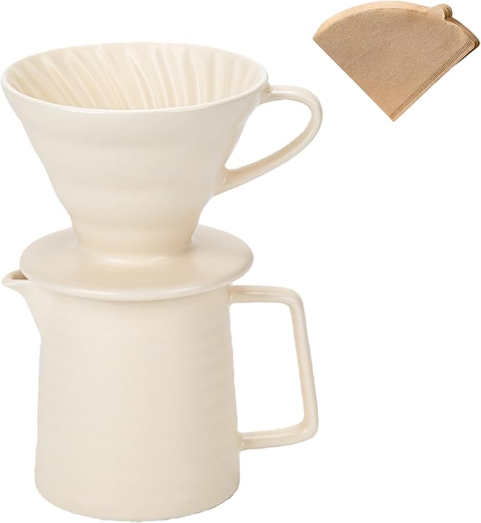 Pour Over Coffee Maker,Ceramic Coffee Maker With 40 pcs Paper Filter，15oz/450ml Pour Over Coffee Dripper (White, V02)