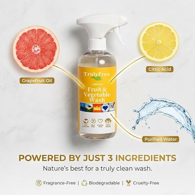 Truly Free Fruit and Vegetable Wash - Veggie Wash Removes 99% of Dirt & Wax | Plant-Based Produce Cleaner Spray | No Aftertaste, Refillable, Made in USA | Fragrance-Free, 16oz