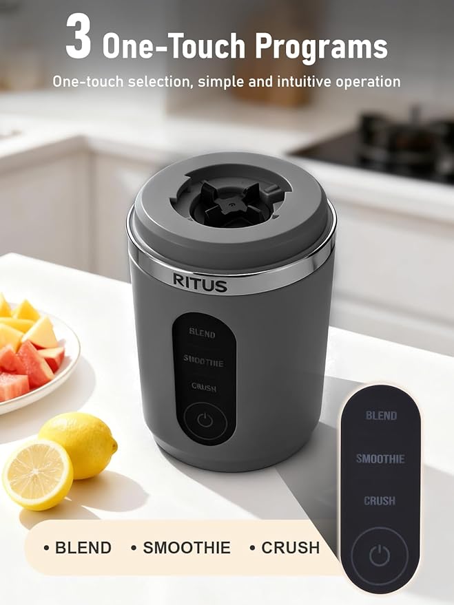 RITUS VORTEX Pro Portable Blender,Personal Blender w/Removable Vessel-for-Smoothies Blend Ice Crush 3 Programs,Cordless 20oz BPA Free Vessel Magnetic-Ring Dishwasher Safe, Leakproof，Grey