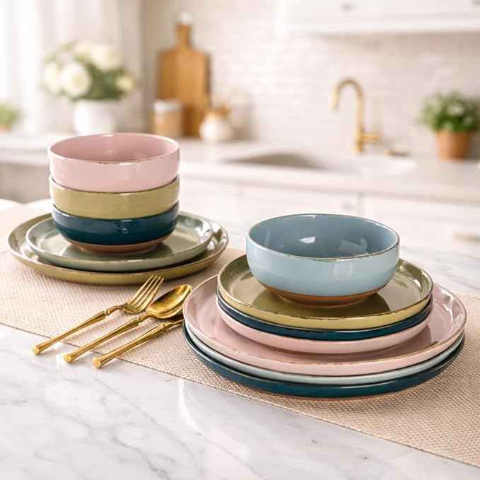 AmorArc Ceramic Dinnerware Sets for 4, 12 Pieces Handpainted Plates and Bowls Set with Rustic Terracotta Underside, Scratch Resistant Stoneware Dishes Set, Dishwasher & Microwave Safe, Multi-Color