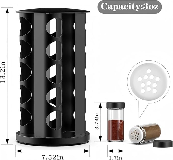 Rotating Spice Rack Organizer for Cabinet, Spice Racks Storage with 20 Jars, Spinning Spice rack for Kitchen Countertop, Spice Holder,Seasoing Storage Racks, Black