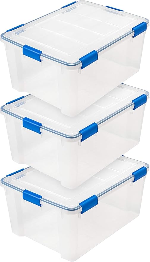 IRIS USA 60 Quart WEATHERPRO Plastic Storage Box with Durable Lid and Seal and Secure Latching Buckles, 3 Pack, Weathertight, Keep Pest Dust and Moisture Out, for Oversized Bulky Items, Clear/Blue