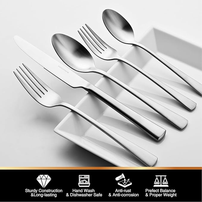 KINGSTONE Silverware Set for 12, 60-Piece 18/10 Stainless Steel Flatware Set, Forged Cutlery Set Matte Satin Finish for Home, Restaurant, Wedding, Party,Gift, Dishwasher Safe