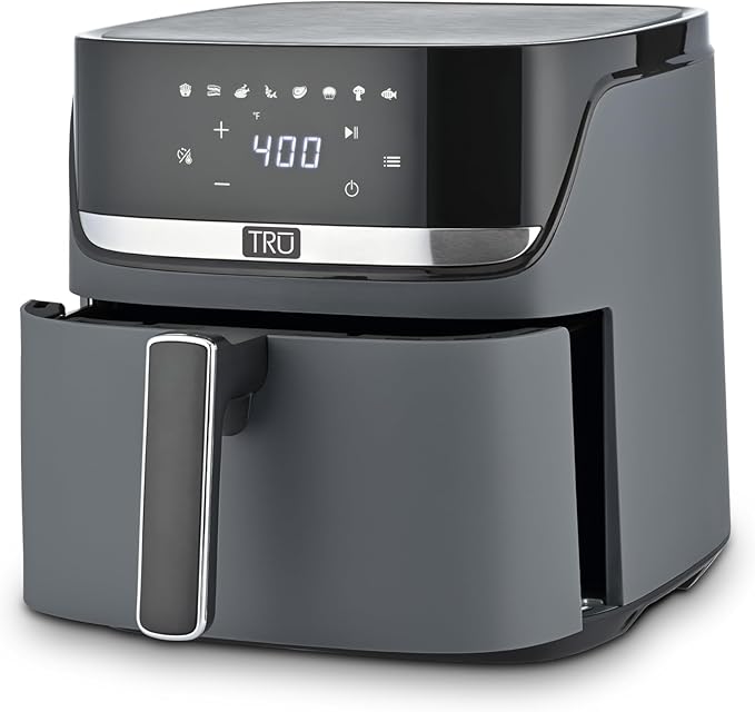TRU 6-Quart Digital Air Fryer by Select Brands - Family Size, One-Touch Control, 8 Presets - Air Fry Chicken, Meat, Veggies, Fries - Nonstick Pot and Crisping Tray, Auto Shut Off, Matte Gray