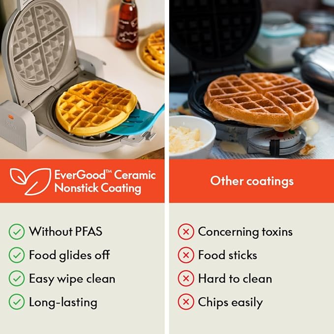 bella Flip-n-Store Waffle Maker with EverGood™ Ceramic Nonstick Coating, Fits-anywhere™ Kitchenware, Power Indicator Light, Cool Touch Handle & Cord Wrap, 7” Wide & 1" Deep Plates, 1000 Watt, Oatmilk
