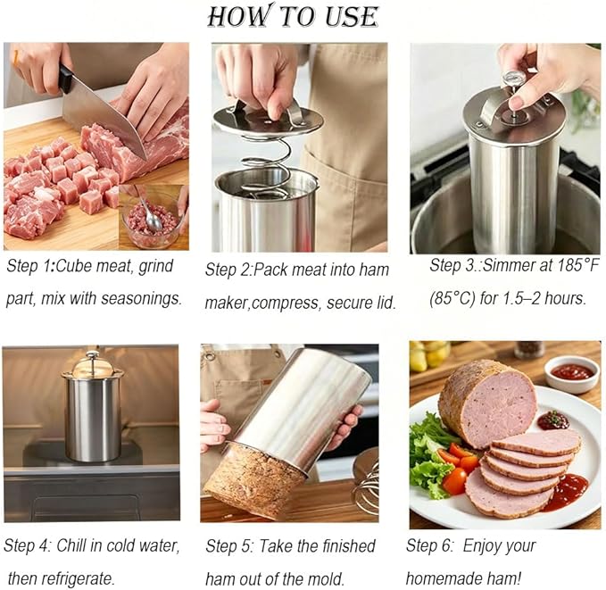 Stainless Steel Ham Maker Meat Press with Thermometer,Homemade Lunch Meat Maker Mold with Spring-Loaded Platen for Cold Cuts, Meatloaf, and Sandwich Making