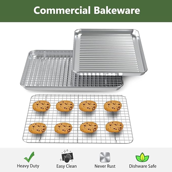ROTTAY Baking Sheet with Rack Set (2 Pans + 2 Racks), Stainless Steel Cookie Sheet with Cooling Rack, Nonstick Baking Pan, Warp Resistant & Heavy Duty & Rust Free, Size 16 x 12 x 1 Inches (Pack of 2)