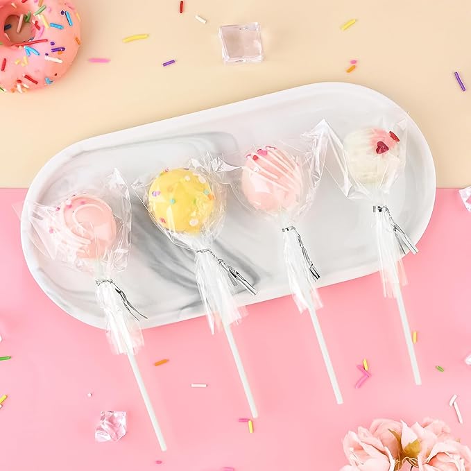 360 PCS Cake Pop Sticks and Wrappers Ties Kit, Including 120ct 6-inch Paper Lollipop Sticks, 120ct Cake Pop Parcel Bags, 100ct Silver Twist Ties for Candy Making Packaging Supplies