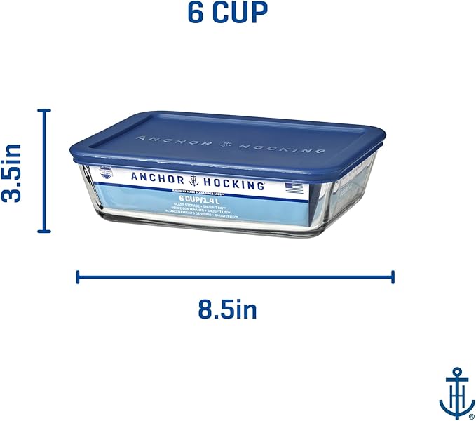 Anchor Hocking SnugFitTM Rectangular Food Storage Containers with Lids (4-Piece, 6-cup, Navy Blue, oven-safe)