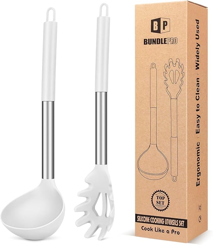 Silicone Pasta Fork and Ladle Spoon Set, Large Non Stick Kitchen Utensils for Cooking,Stirring,Serving Spaghetti, Soup, Sauce (WHITE)