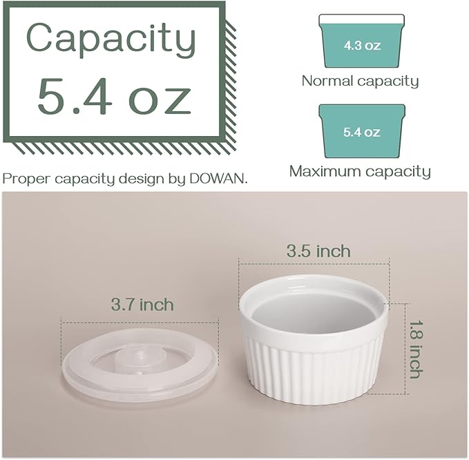 DOWAN Ramekins with Lids 4 oz Oven Safe, Creme brulee Souffle Dishes Ramekins with Covers, Porcelain Small Bowls for Baking Custard Cups, Set of 6, White