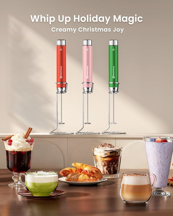 Maestri House Rechargeable Milk Frother with Stepless Speed Control, Handheld Electric Foam Maker Waterproof Drink Mixer Foamer with Stainless Steel Stand & Whisks (Santa Red (Gift Box))