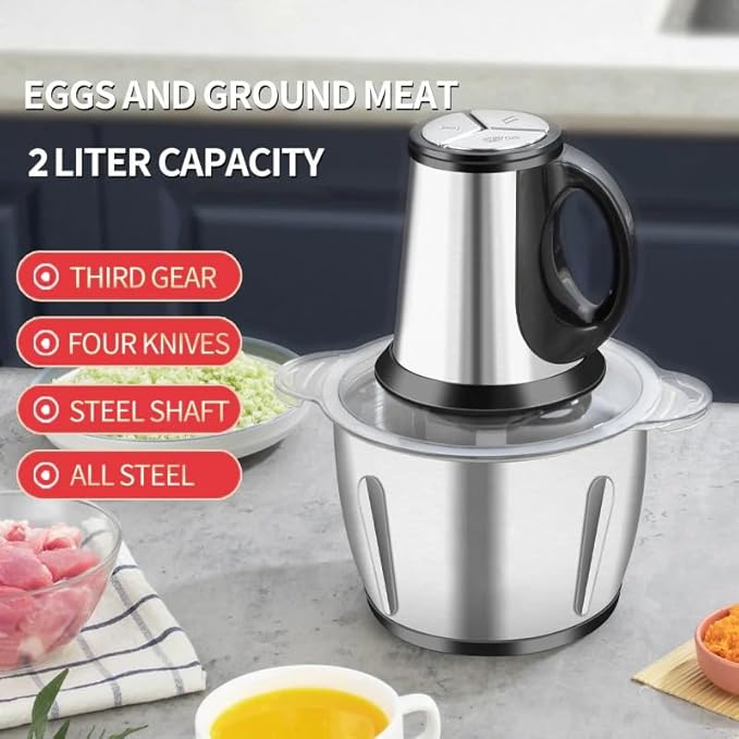 Sakerplus Multifunctional Large Capacity Meat Grinder, 250W Electric Food Processor with 3 Speeds, 2L Stainless Steel Bowl & 4 Sharp Blades for Meat, Vegetables, Nuts (2L-stainless steel)