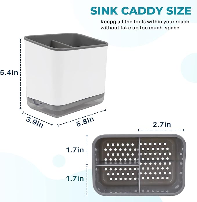 KeFanta Sink Counter Caddy, Plastic Dish Sponge Holder, Kitchen Brush and Scrubber Organizer with Drain Tray, White
