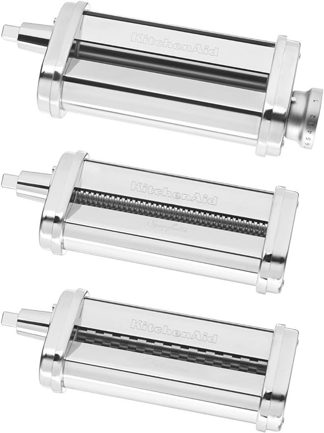 KitchenAid KSMPRA Stand Mixer Attachment Pasta Roller & Cutter, 3-Piece Set, Stainless Steel & K45B Coated Flat Beater, White, 4.5 Qt