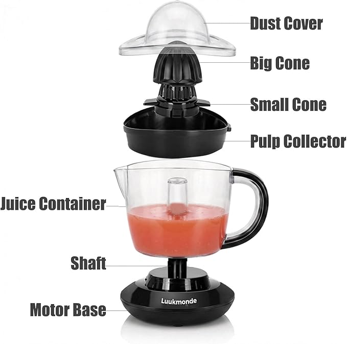 LUUKMONDE Electric Citrus Juicer, 24 oz. Orange Squeezer with 2 Reamers for Lemon & Grapefruit, Pressure Activated Auto-Reversing Juicer Machine, Quiet Motor, Black