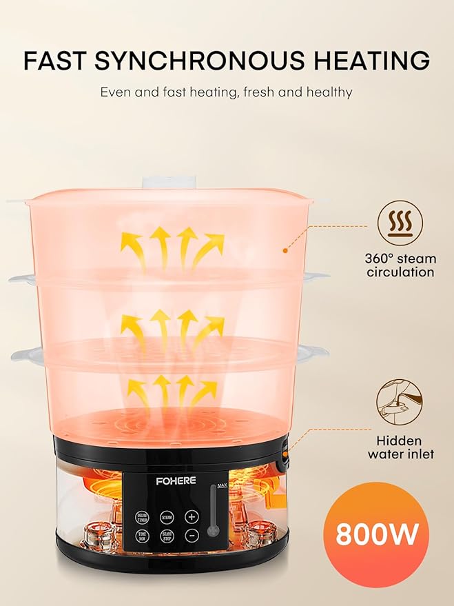FOHERE Food Steamer for Cooking,13.7QT Vegetable Steamer with Stackable 3 Tiers BPA-Free Baskets,800W Electric Steamer Pot 60-Minute Timer, 24H Delay Start Timer for Veggies Seafood Rice