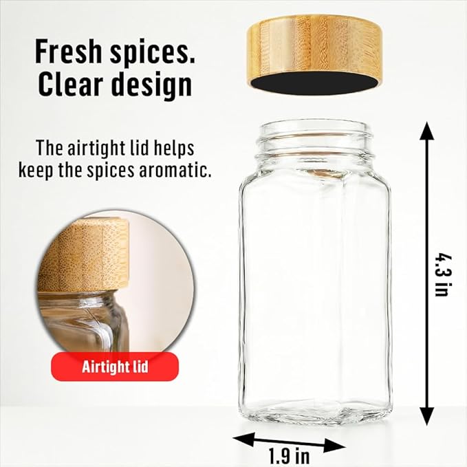 Deco haus Glass Spice Jars with Bamboo lids 24 x 4oz [LABELS incl] Spice Containers with 280 Labels, Funnel & Chalk Marker - Empty Herb Seasoning Containers, Small Seasoning Bottles for Herb
