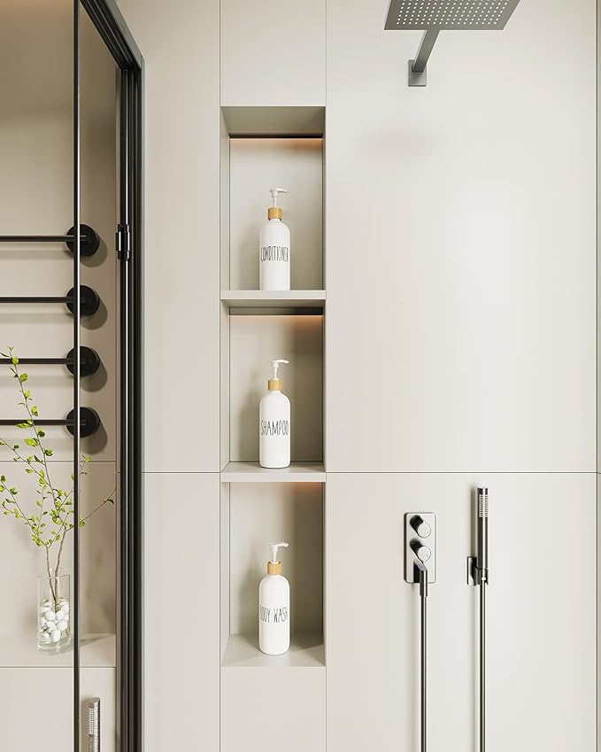 Shampoo and Conditioner Dispenser Set - Easy to Read Labels - Pump Bottle Dispenser for Shampoo, Conditioner, Body Wash - Glass Refillable Containers for Shower
