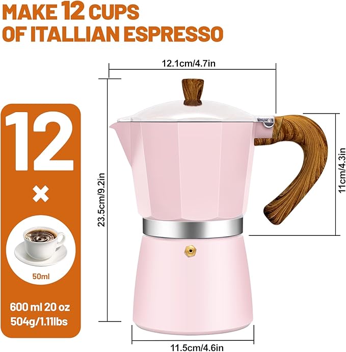 12 Cup Aluminum Espresso Stovetop Moka Pot Express Coffee Maker Percolator Italian Classic Mocha Coffee Machine for Italian and Cuban Cafe Brewing for Home & Camping 600ml 20oz