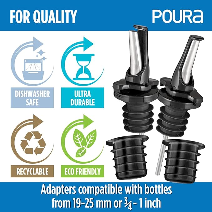 3-in-1 Liquor Pour spout with Built-in Fruit Fly Protection - Dishwasher Safe Hygienic Alcohol Speed Spouts - Also for Olive Oil, Juice, Syrup. Black 12 Pack with 2 Adapters for Large Neck Bottles