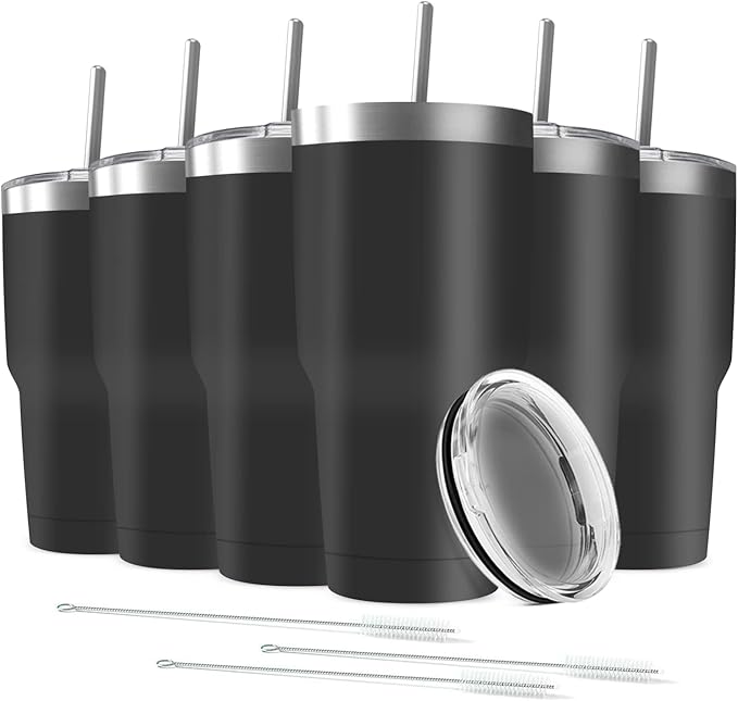 30oz Stainless Steel Travel Mug with Lid, 6 Pack Double Wall Vacuum Insulated Bulk Tumbler with 6 Straws, Powder Coated Coffee Cup Suitable for Vehicle Cup Holders(Black)