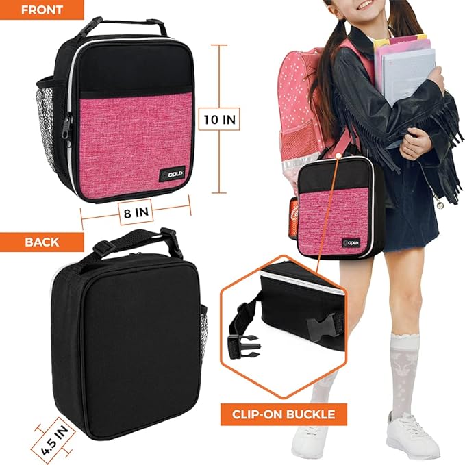opux Premium Insulated Lunch Box, Soft School Lunch Bag for Girls Kids, Leakproof Small Lunch Pail Women Work, Reusable Compact Cooler Tote Lunchbox for Office Adult, Heather Pink