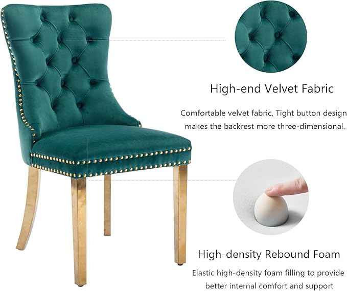 Velvet Dining Chairs Set of 6, Upholstered Dining Room Chairs with Back Ring Pull Trim and Golden Stainless Steel Legs,Modern Kitchen Chairs Perfect for Dining Room,Living Room,Kitchen(Green)