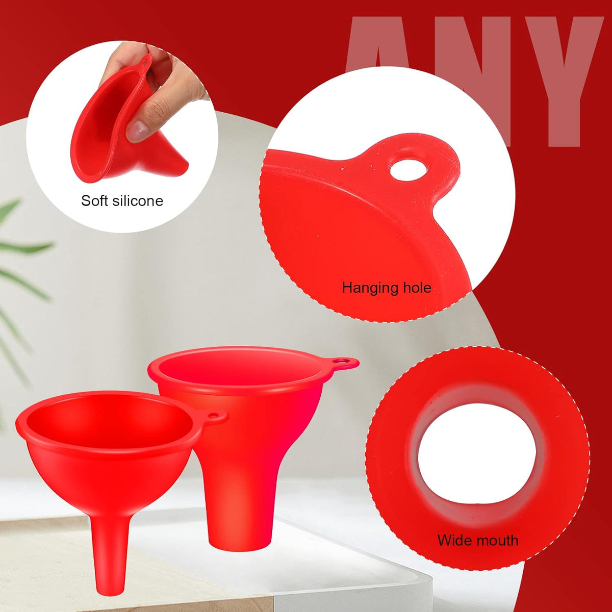 4 Pcs Kitchen Funnel Set Canning Silicone Funnel, Small and Large, Wide Mouth for Jars Jam Spice Filling Bottles Liquid Oil and Powder(Red)