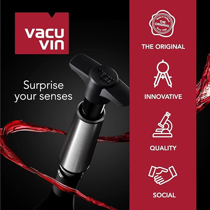 Vacu Vin Wine Saver Pump Gray with Vacuum Wine Stopper - Keep Your Wine Fresh for up to 10 Days - 1 Pump 8 Stoppers - Reusable - Made in the Netherlands
