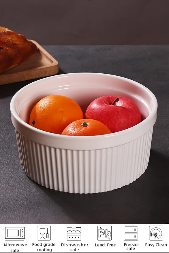 64 oz Ramekins 1 pcs Porcelain Ramekins Dishes for Souffle,Creme Brulee, Pudding, Custard Cups,Bakeware Bowls Set for Baking,Oven Safe, White (8 inch)