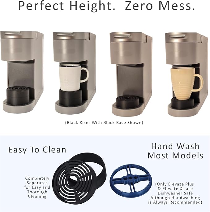 Elevate Anti-Splash Cup Riser Stand Accessory for most Keurig K-cup, Cuisinart Single Serve, and other Coffee Makers, Adjustable for Cup Size and Drip Tray Type (Black with Blue Base)