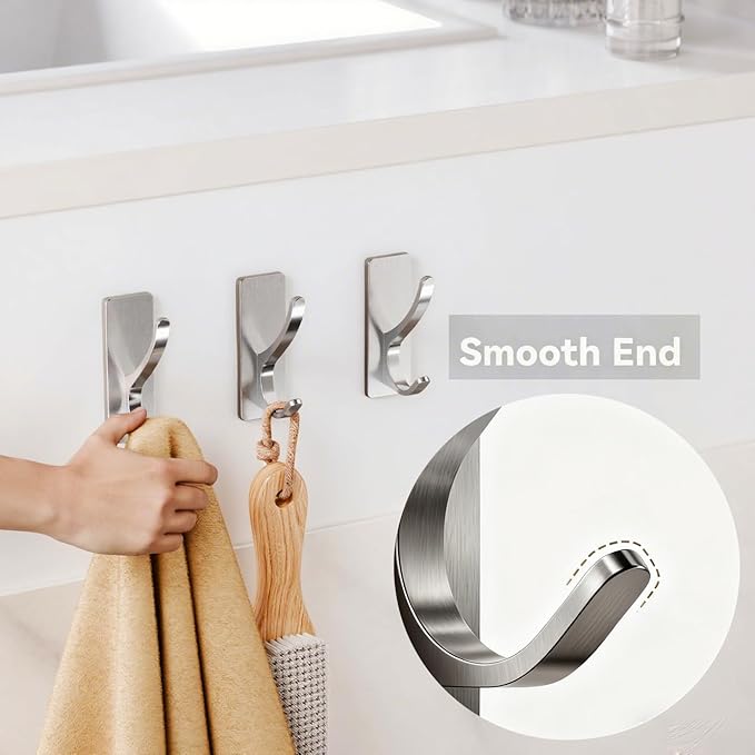 pickpiff Brushed Nickel Self Adhesive Coat Hooks for Hanging: 13LB Extra Strong Stainless Wall Hook for Towel, Utensil, Backpack, Hat, Sturdy Metal Hanger for Bathroom, Kitchen, Door, 4 Pack