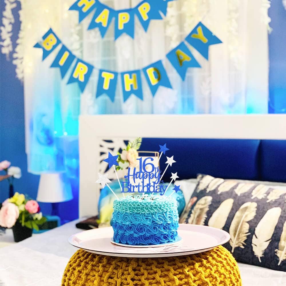 Glittery 16th Cake Topper with Star Boys and Girls 16th Birthday Party Supplies, Sixteen Years Old Birthday Party Decorations Royal Blue